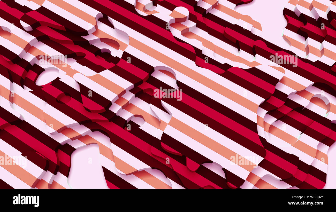Paysage 3D Modèle de coupe de papier. Formes courbes avec rose rouge bandes blanches. Résumé motif de lignes géométriques art illustration pour couvrir l'arrière-plan Banque D'Images