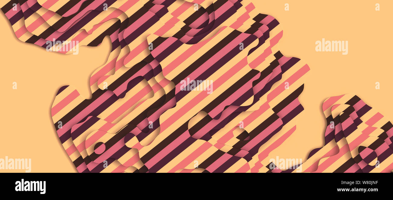 Large paysage 3D, modèle de coupe de papier. Formes courbes avec rayures pastel rose. Espace blanc, motif de lignes géométriques abstraits art illustration d'arrière-plan Banque D'Images
