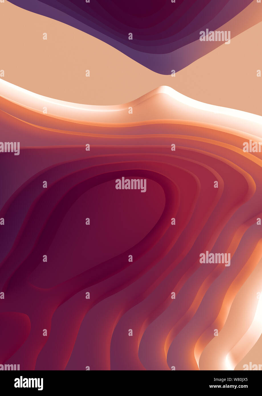 Une bannière verticale4 paysage 3D Modèle de coupe de papier. Formes courbes avec des dégradés de couleurs au coucher du soleil. Résumé motif de lignes géométriques de l'art d'arrière-plan Banque D'Images