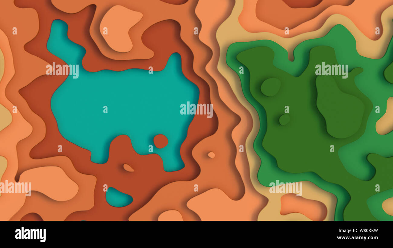 Paysage 3D Modèle de coupe de papier. Formes courbes avec pastel vert brun couleur naturelle. Résumé motif de lignes géométriques art illustration d'arrière-plan Banque D'Images