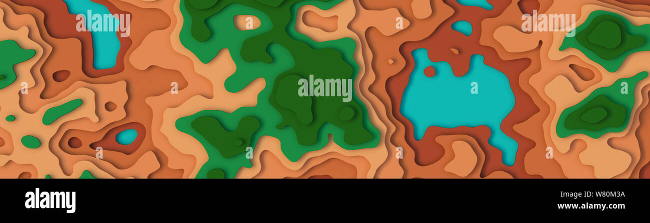 Vaste panorama paysage 3D Modèle de coupe de papier. Formes courbes avec green brown couleur naturelle. Résumé motif de lignes géométriques art illustration d'arrière-plan Banque D'Images