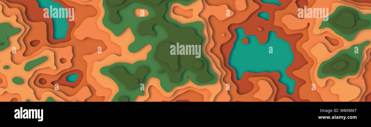 Vaste panorama paysage 3D Modèle de coupe de papier. Formes courbes avec pastel vert brun couleur naturelle. Des lignes géométriques abstraites motif de fond Banque D'Images