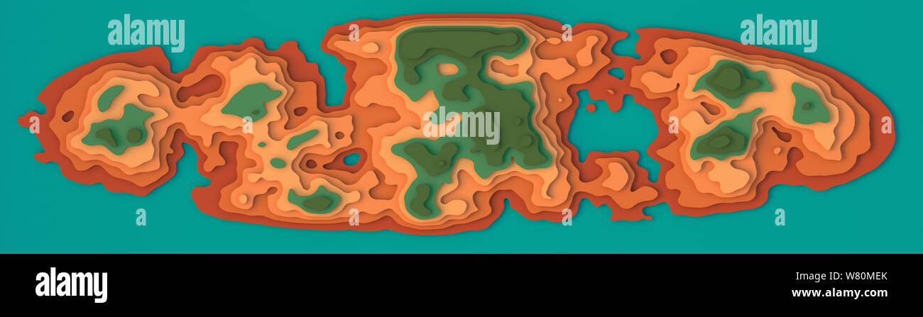 Vaste panorama paysage 3D Modèle de coupe de papier. Formes courbes avec pastel vert brun couleur naturelle. Des lignes géométriques abstraites motif de fond Banque D'Images