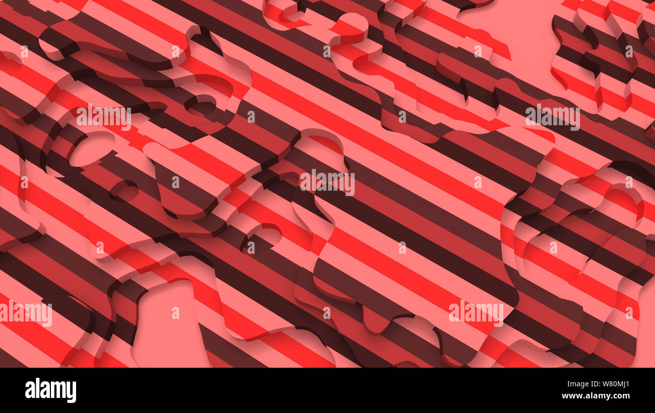 Paysage 3D Modèle de coupe de papier. Formes courbes avec rayures rouge corail vivant. Résumé motif de lignes géométriques art illustration pour couvrir l'arrière-plan Banque D'Images
