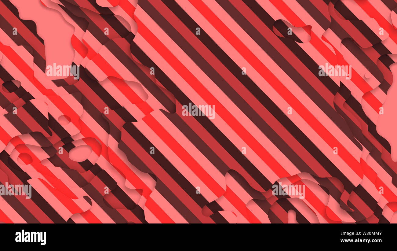 Paysage 3D Modèle de coupe de papier. Formes courbes avec rayures rouge corail vivant. Résumé motif de lignes géométriques art illustration pour couvrir l'arrière-plan Banque D'Images