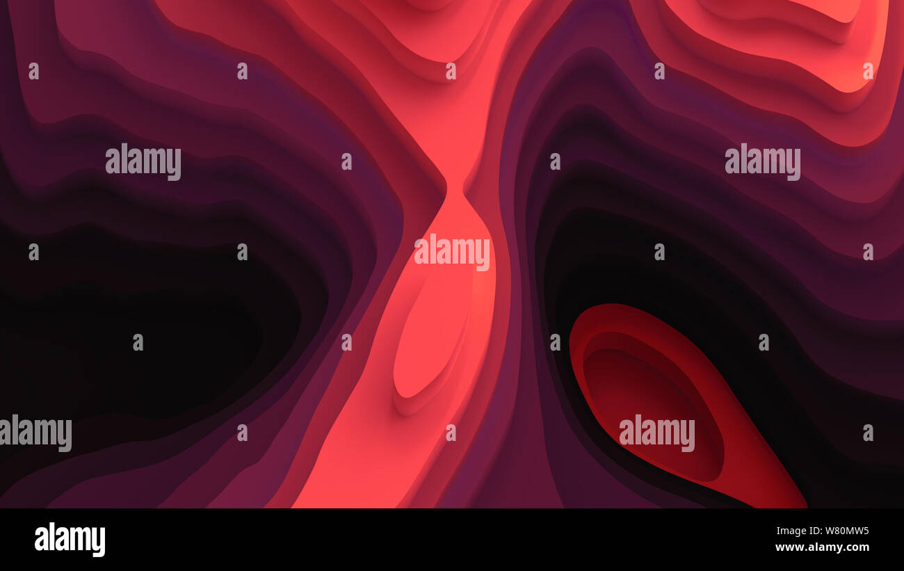 Paysage 3D Modèle de coupe de papier. Formes courbes avec gradient rouge corail vivant. Résumé motif de lignes géométriques art illustration pour couvrir l'arrière-plan, Banque D'Images