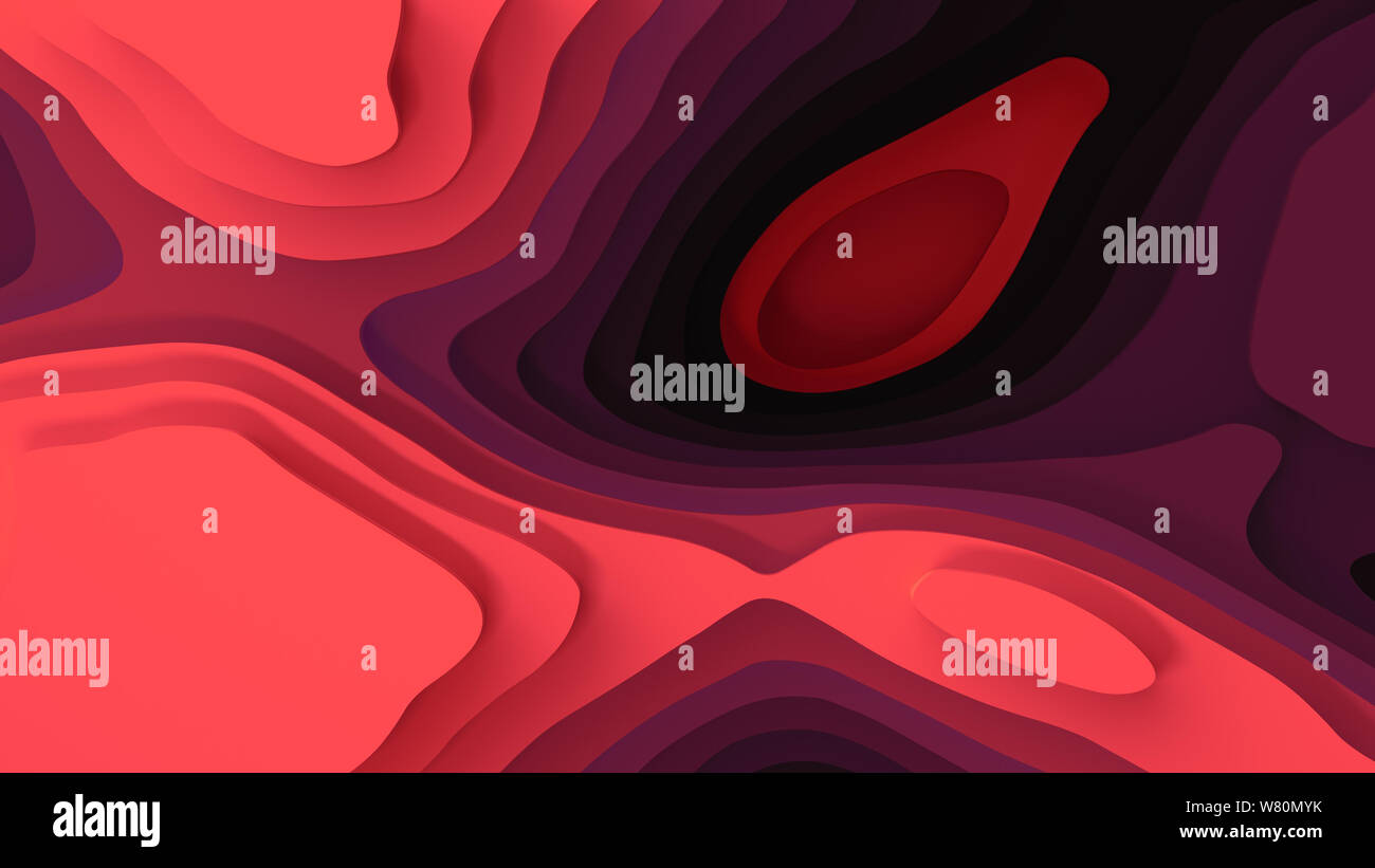 Paysage 3D Modèle de coupe de papier. Formes courbes avec gradient rouge corail vivant. Résumé motif de lignes géométriques art illustration pour couvrir l'arrière-plan Banque D'Images