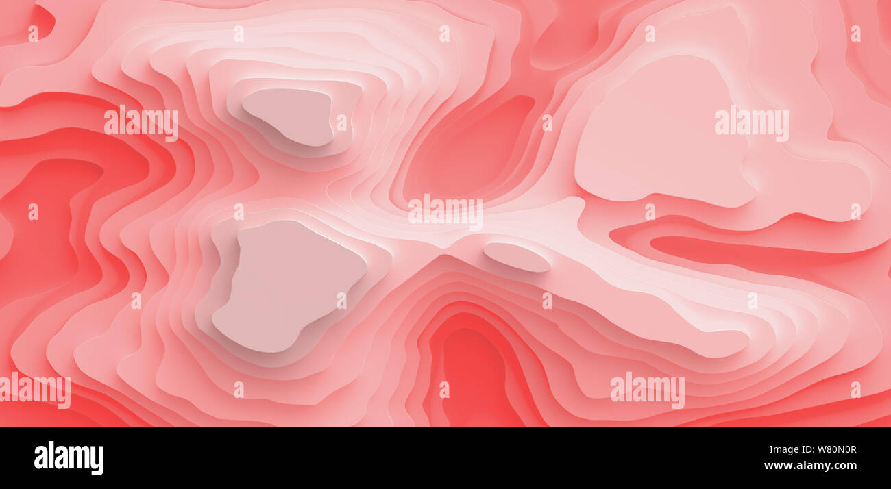 Paysage 3D Modèle de coupe de papier. Formes courbes avec gradient rouge corail vivant. Résumé motif de lignes géométriques art illustration pour couvrir l'arrière-plan Banque D'Images