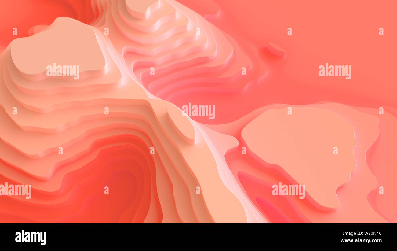 Paysage 3D Modèle de coupe de papier. Formes courbes avec gradient rouge corail vivant. Résumé motif de lignes géométriques art illustration pour couvrir l'arrière-plan, Banque D'Images