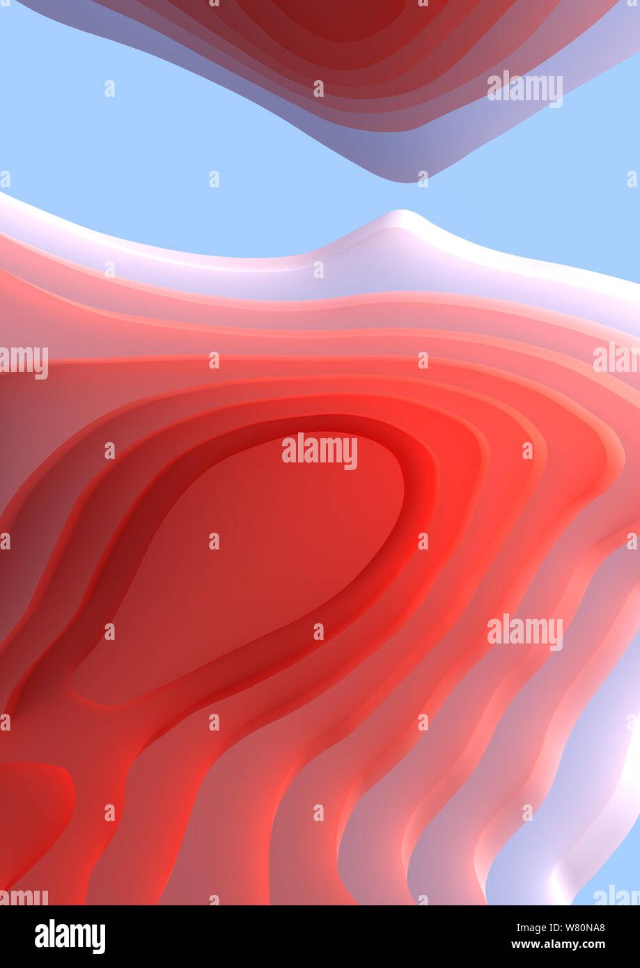 Une bannière verticale4 paysage 3D Modèle de coupe de papier. Formes courbes avec gradient rouge corail vivant. Résumé motif de lignes géométriques art fond illustr Banque D'Images