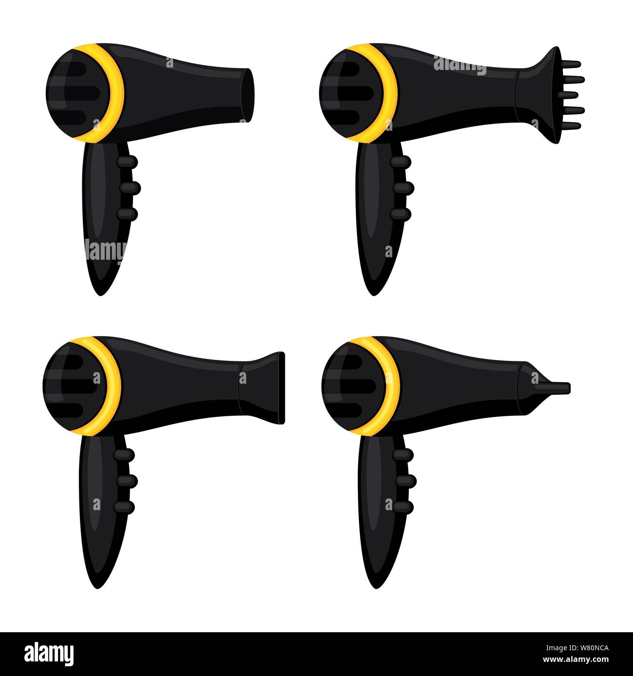 Sèche-cheveux noir Cartoon set. Salon de l'outil. Matériel coiffure vector illustration pour icône, stamp, label, certificat, brochure, dépliant, post Illustration de Vecteur