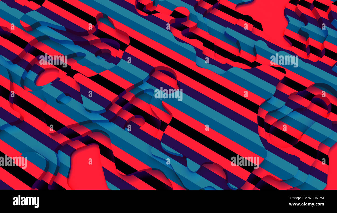 Paysage 3D Modèle de coupe de papier. Formes courbes avec rayures bleu-vert rouge. Résumé motif de lignes géométriques art illustration pour couvrir l'arrière-plan, design Banque D'Images
