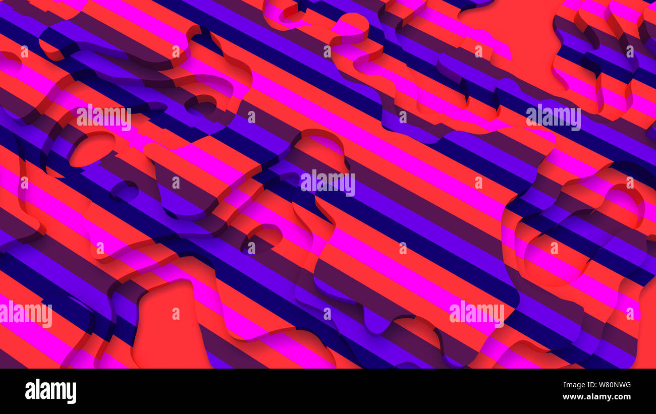 Vaste panorama paysage 3D Modèle de coupe de papier. Un espace blanc. Formes courbes avec rayures bleu rose. Des lignes géométriques abstraites motif de fond Banque D'Images