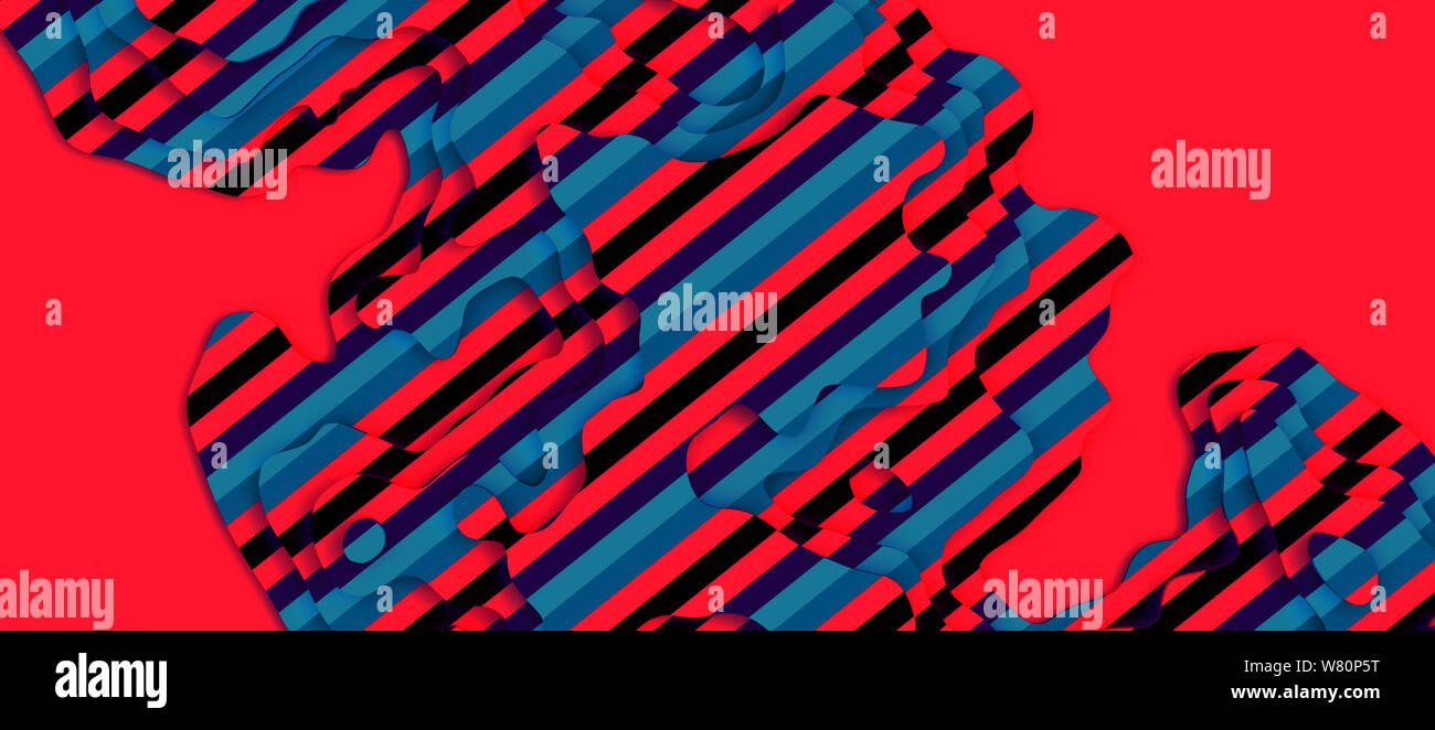 Vaste panorama paysage 3D Modèle de coupe de papier. L'espace vierge.formes courbes avec rayures bleu-vert rouge. Des lignes géométriques abstraites motif de fond Banque D'Images