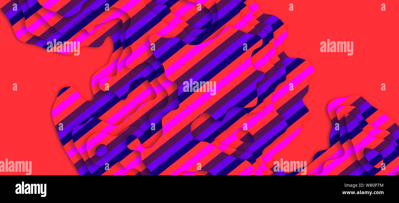 Vaste panorama paysage 3D Modèle de coupe de papier. Un espace blanc. Formes courbes avec rayures bleu rose. Des lignes géométriques abstraites motif de fond Banque D'Images