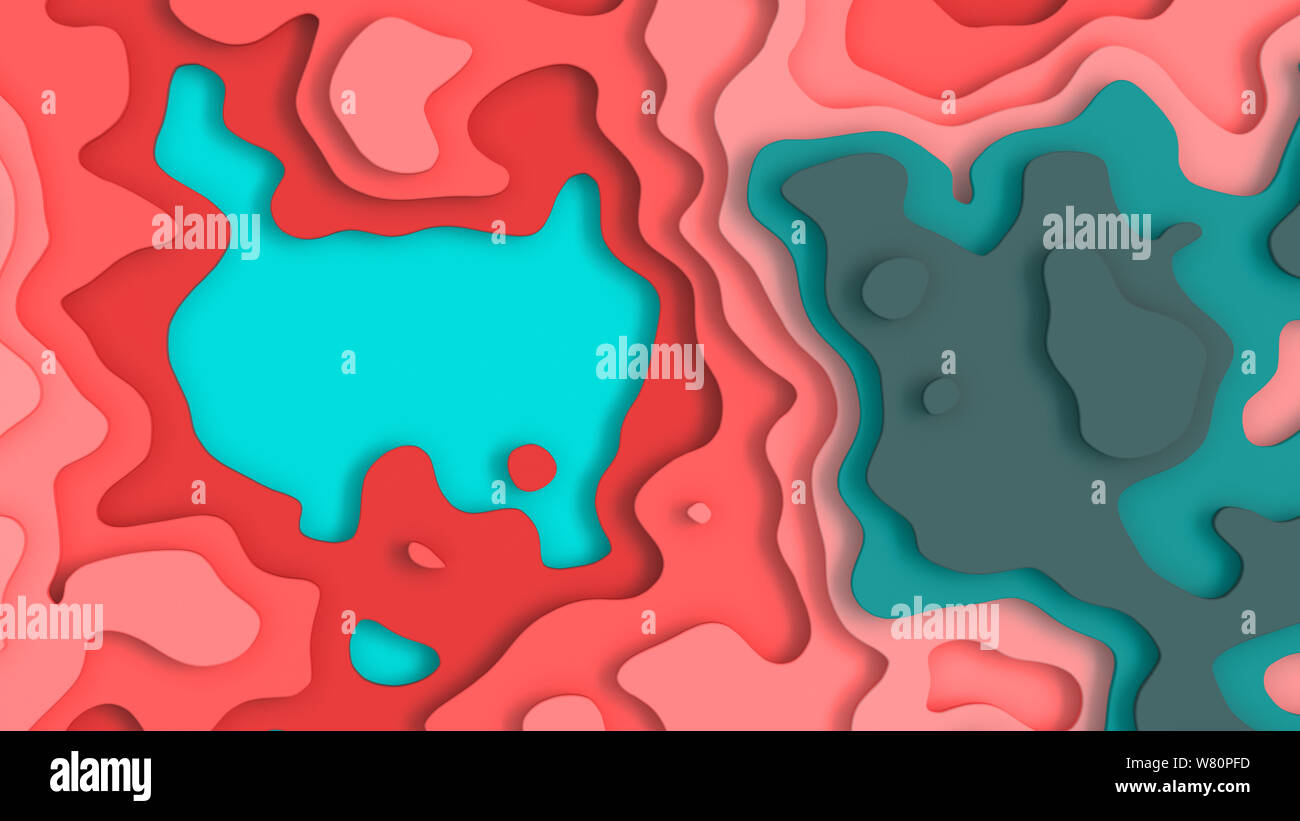 Paysage 3D Modèle de coupe de papier. Formes courbes avec des coraux vivants bluegreen gradients. Résumé motif de lignes géométriques art illustration d'arrière-plan Banque D'Images