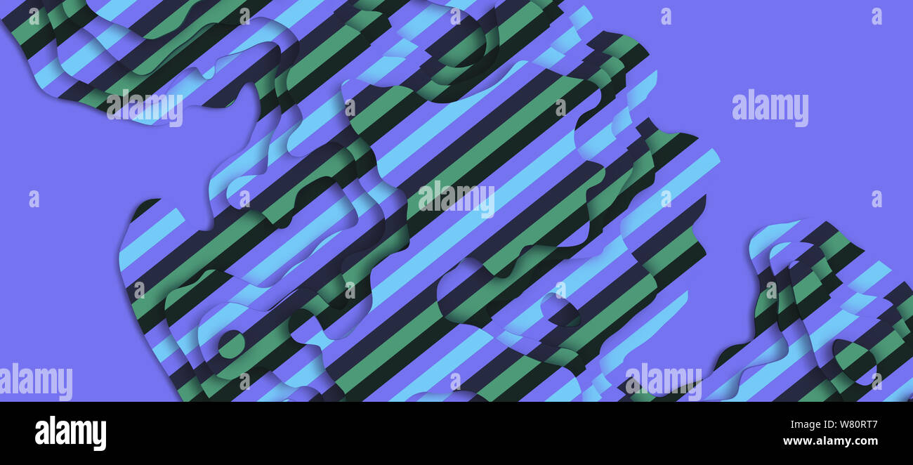 Vaste panorama paysage 3D Modèle de coupe de papier. Formes courbes avec rayures bleu-vert violet. L'espace vierge.Résumé de fond des lignes géométriques Banque D'Images