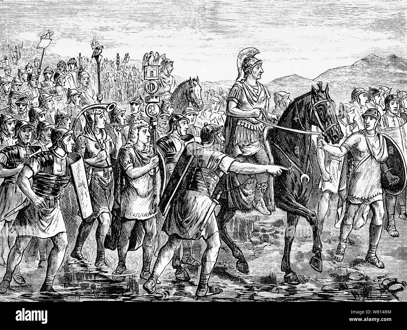 Jules César traverse le Rubicon, au sud de Ravenne, en Italie du Nord, un événement qui a précipité la Grande Guerre civile romaine, et conduit à devenir César dictateur et l'augmentation de l'époque impériale de Rome. César avait été nommé à un poste de gouverneur de la Gaule du Sud d'Illyrie. Lorsque son mandat a pris fin, le Sénat romain César a ordonné de retourner à Rome et de ne pas présenter son armée à travers le Rubicon, la limite nord de l'Italie. En 49 avant J.-C., César et la 13ème Légion traversa la riverr. Aujourd'hui, 'La Traversée du Rubicon' est une métaphore qui signifie d'adopter un point de non-retour. Banque D'Images