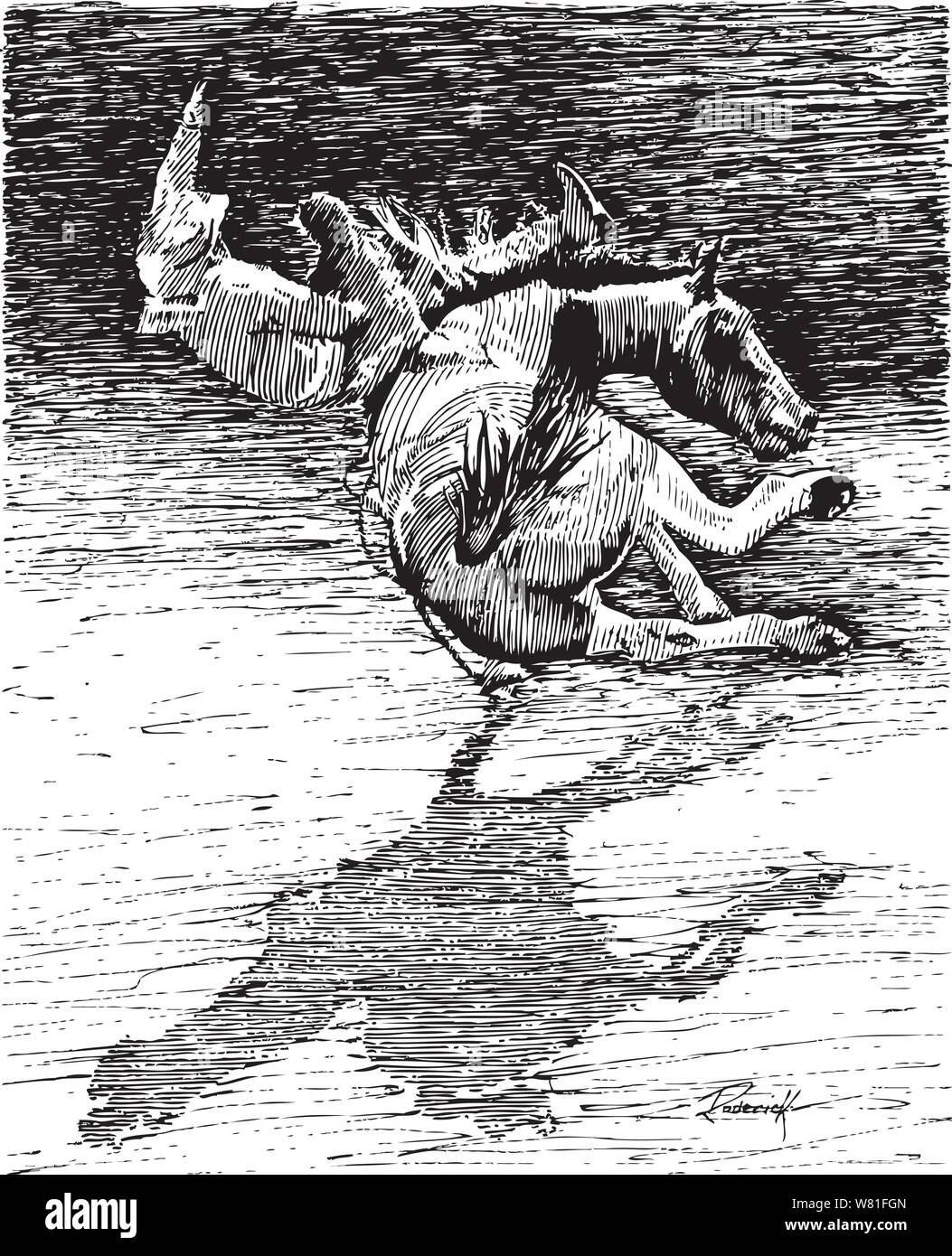 Brave rodeo rider équitation une jambe coups de Wild Horse sur un cheval monte seulement silloette Illustration de Vecteur