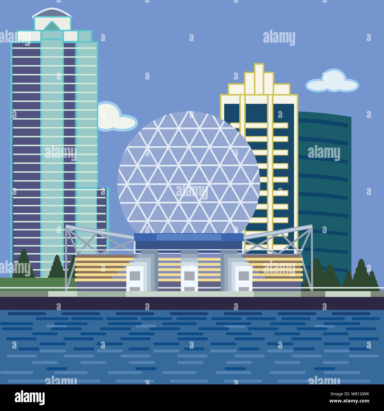 Dôme géodésique structure du bâtiment qui se trouve de l'eau. Grand bureau et d'habitation en copropriété se soulever par l'arrière avec des arbres et de l'herbe et le mountain vues Illustration de Vecteur