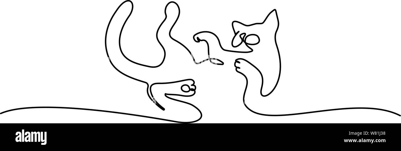 Dessin d'une ligne continue. Chat jouant sur le dos. Vector illustration Illustration de Vecteur