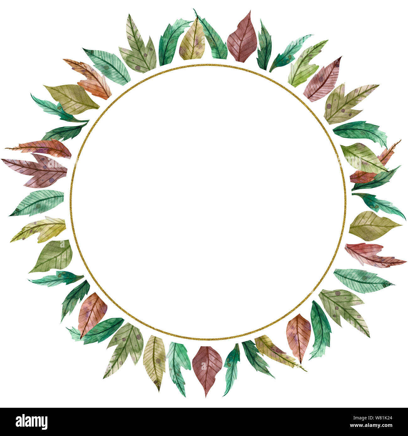Saison d'automne aquarelle châssis circulaire. Cercle dessiné à la main la frontière. Illustration colorée de vert, jaune, rouge les feuilles. Banque D'Images
