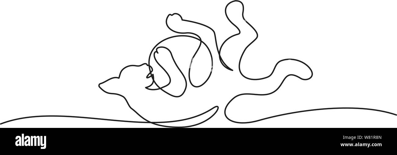 Dessin d'une ligne continue. Cat Playing with ball, portant sur le dos et légèrement gondolée comme balle. Vector illustration Illustration de Vecteur