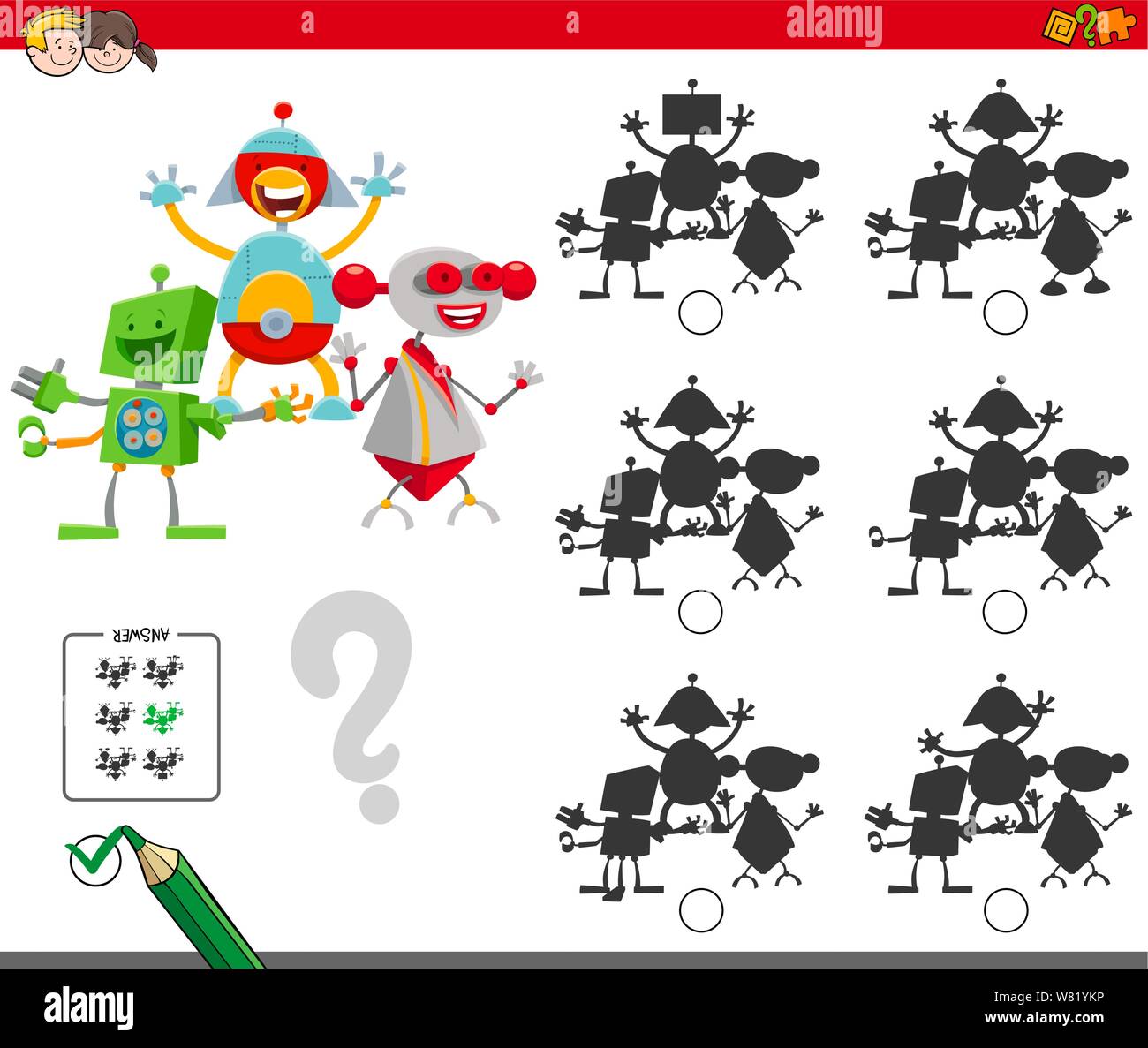 Cartoon Illustration de la recherche de l'ombre sans différences jeu éducatif pour les enfants ayant des caractères des robots Illustration de Vecteur