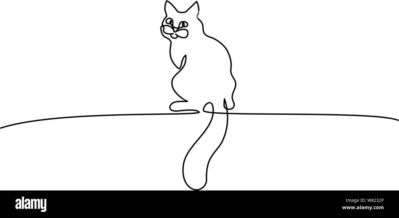 Dessin d'une ligne continue. Chat assis avec de nouveau à nous, à la recherche sur l'épaule. Vector illustration Illustration de Vecteur