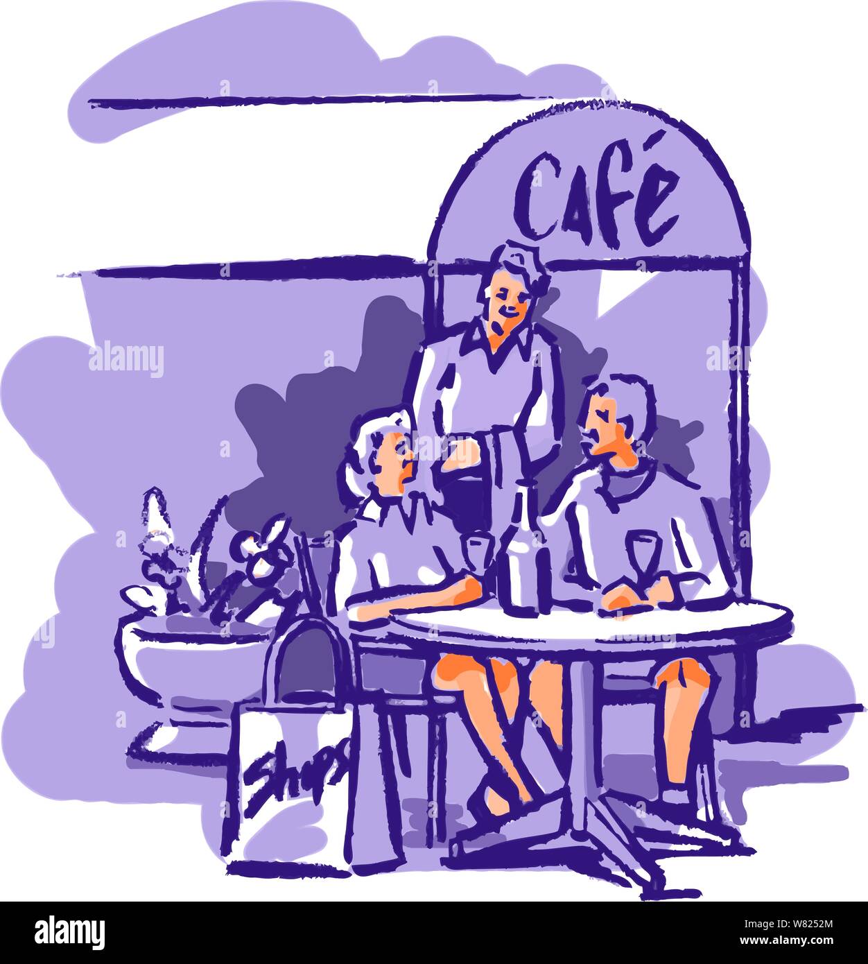 Un couple d'être serrved par un serveur à un utdoor café sur une petite table avec vins et un panier à côté de la femme Illustration de Vecteur