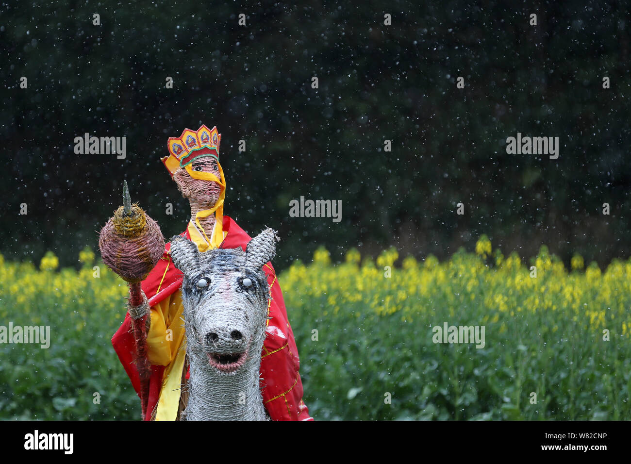 Avis de paille-faites des personnages de "Voyage à l'Ouest' dans un champ de colza dans la région de Wuyuan Shangrao, village, ville de la province de Chine orientale, 23 février Banque D'Images