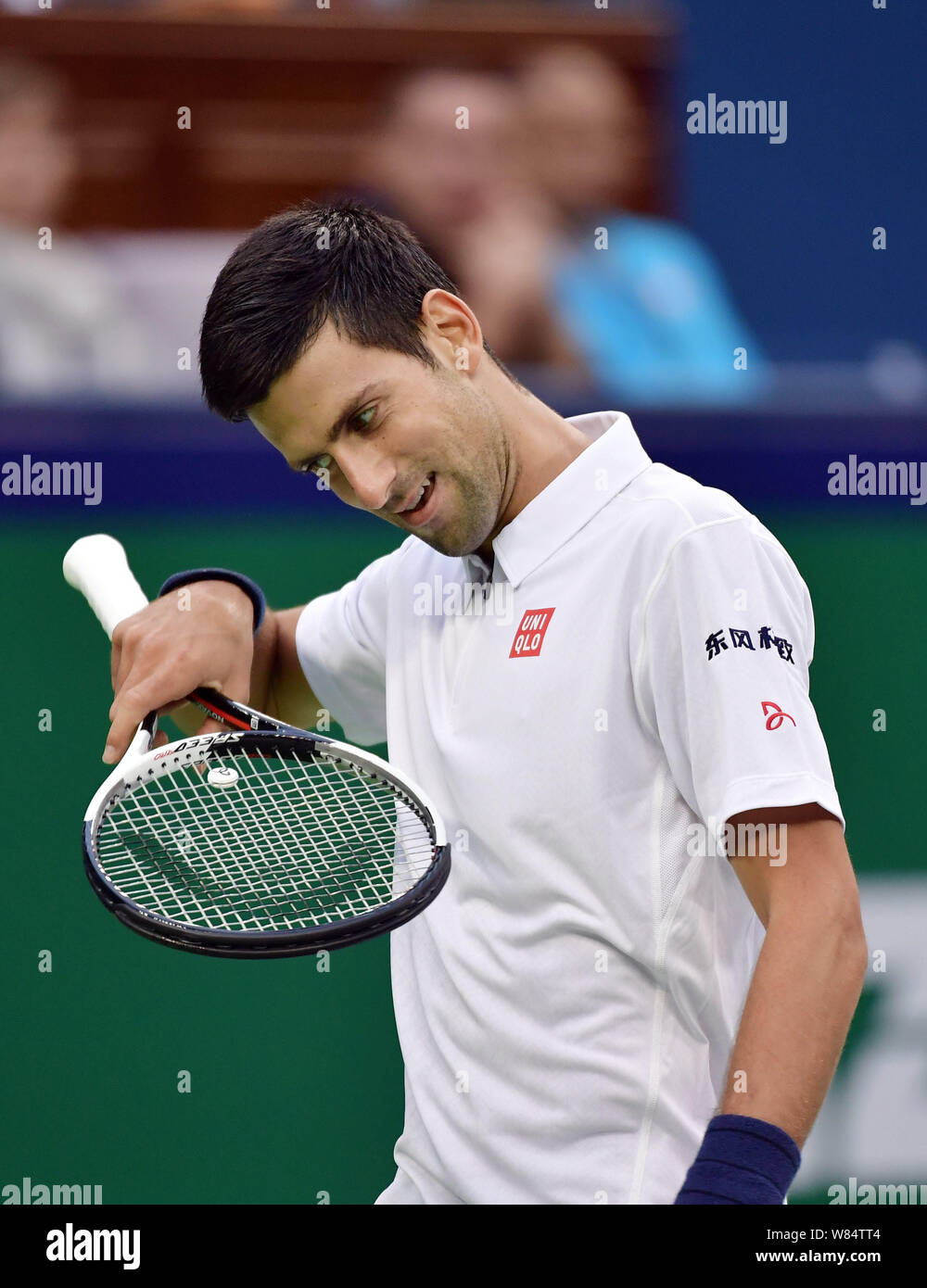 Novak Djokovic la Serbie de réagit comme il est en concurrence contre Vasek Pospisil du Canada dans leur masculin troisième match au cours de la 2016 Rôle de Shanghai Banque D'Images