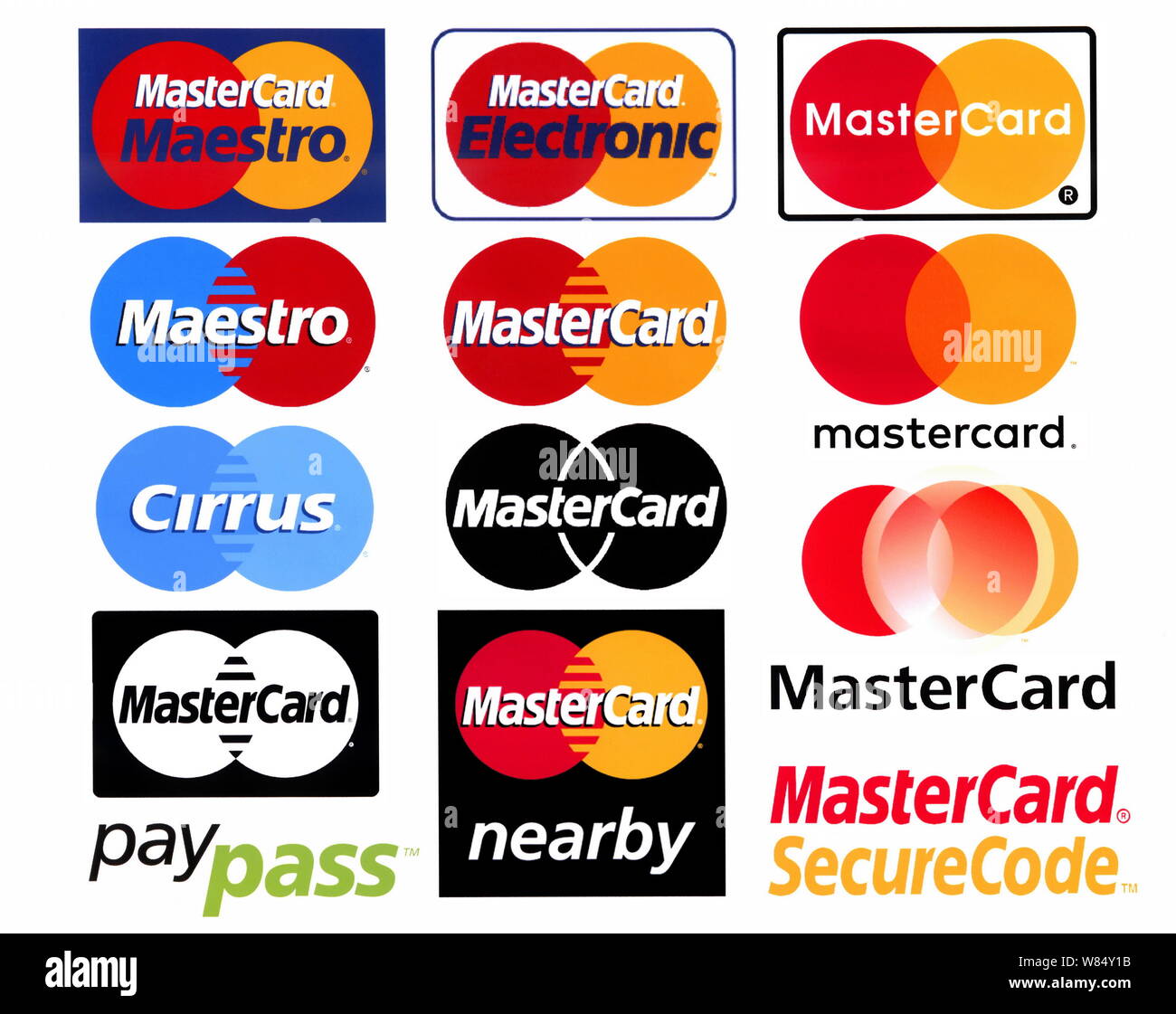 Les différents logos de Mastercard, imprimés sur papier blanc Banque D'Images