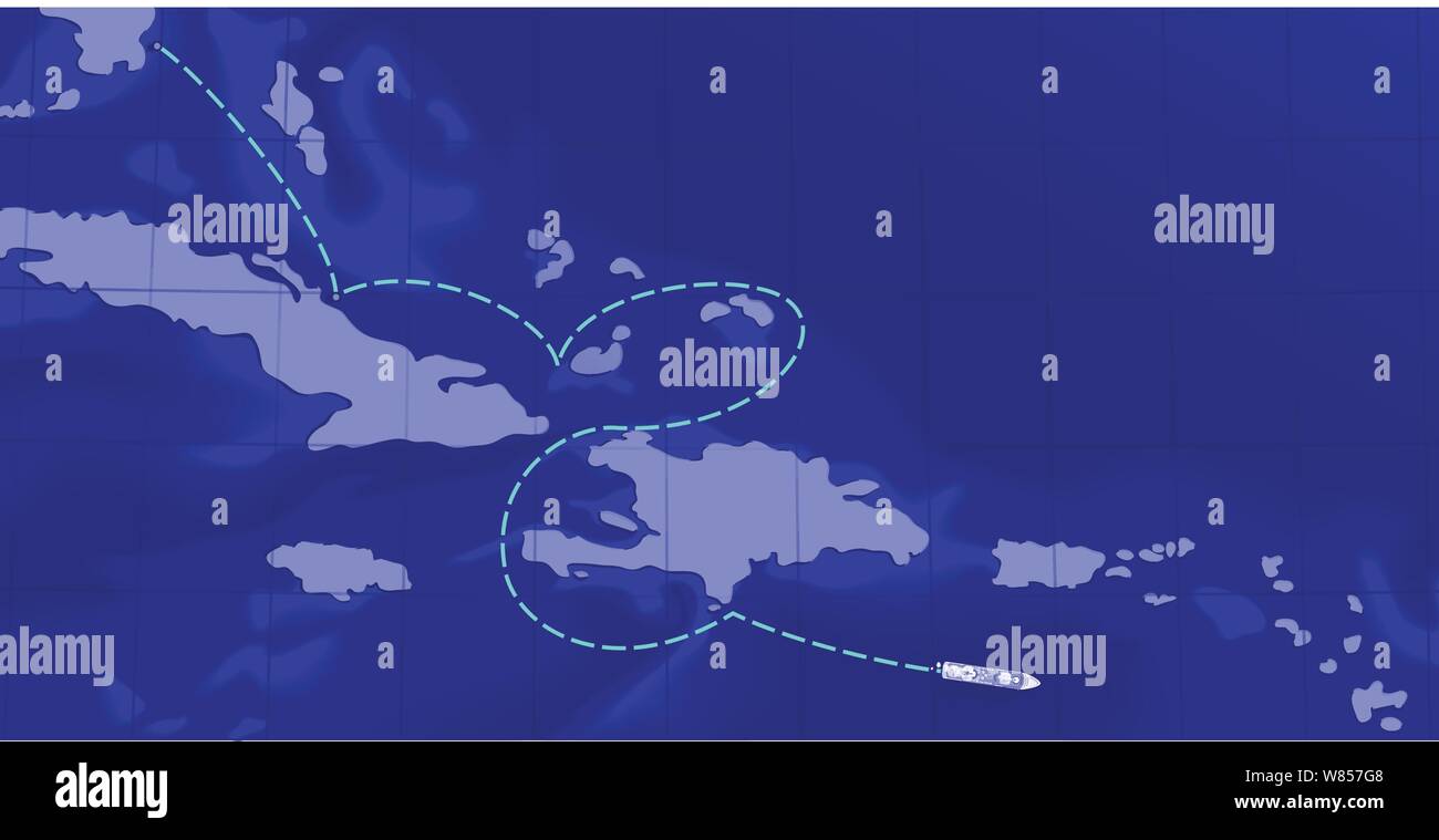 Bateau de croisière voyageant dans les Caraïbes le long des côtes de Cuba, la République dominicaine, les Bahamas et la Jamaïque Illustration de Vecteur