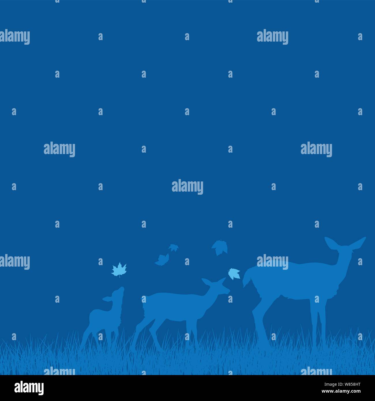 Famille d'silloetted deer doe une femelle avec 2 faons sur une pelouse avec des feuilles tomber à l'automne Illustration de Vecteur