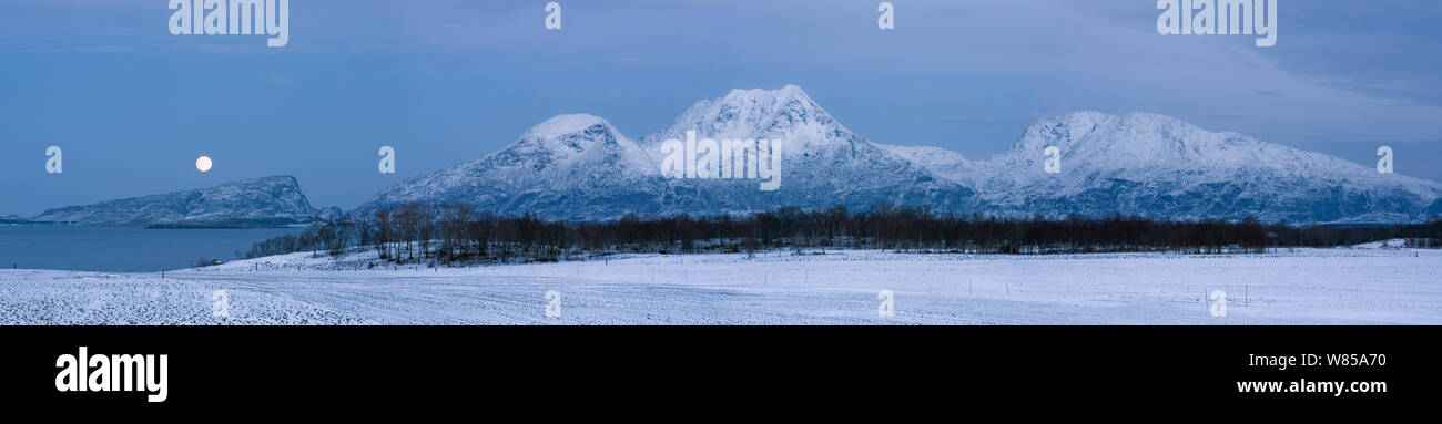 L'île de Donna avec la pleine lune. Donna, Norvège, Nordland, Norvège. Banque D'Images