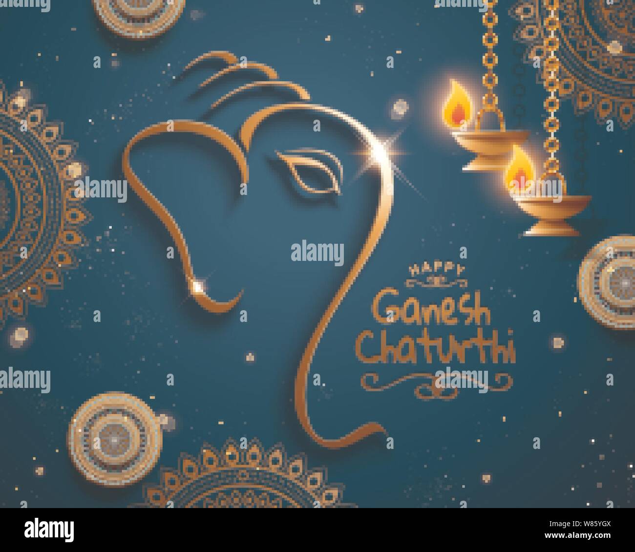 Happy Ganesh Chaturthi conception avec la tête de Ganesha composé de métallique ligne sur fond bleu Illustration de Vecteur