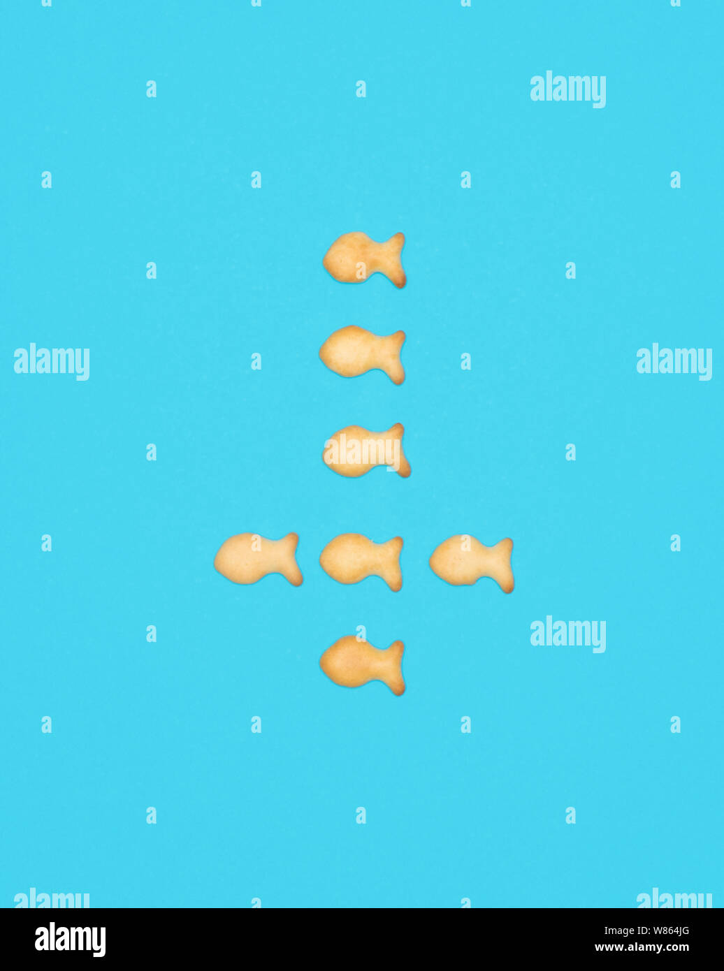 Inscrivez-flèche vers le bas à partir des cookies en forme de poisson sur fond bleu Banque D'Images