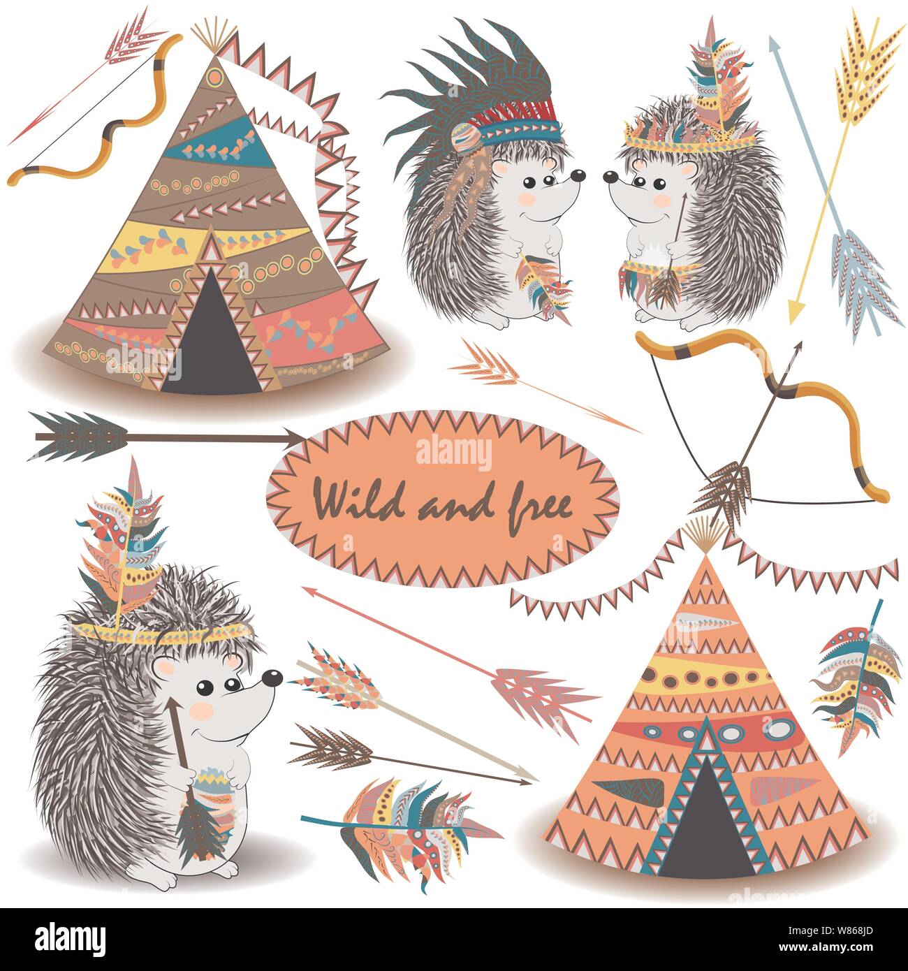 Collections Tribal ensemble avec des dizaines de tipis, des flèches, des plumes, des frontières tribales indiennes, hérisson et feather coiffure. Illustration de Vecteur