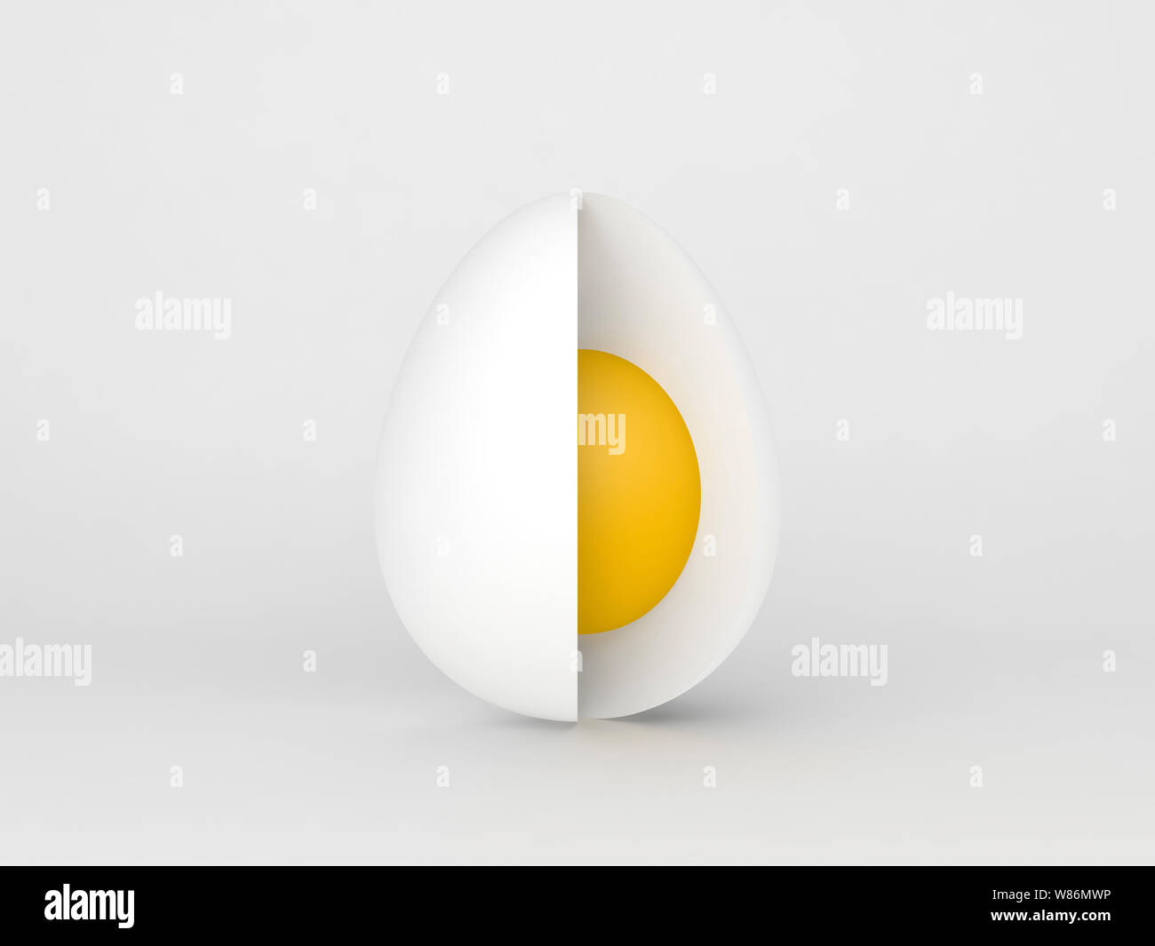 Oeuf de poule avec tranche de section, debout sur fond blanc, rendu 3d illustration Banque D'Images