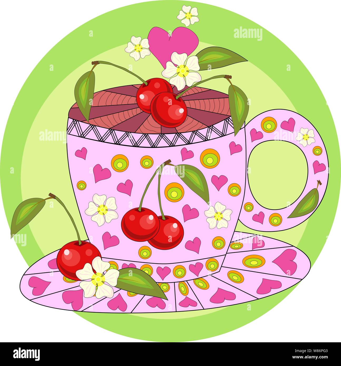 Plateau de cerise. Plateau cuisinée avec amour. Une tasse avec cerise baies, décoré de feuilles et de fleurs, à propos de l'utilitaire d'inscriptions Illustration de Vecteur