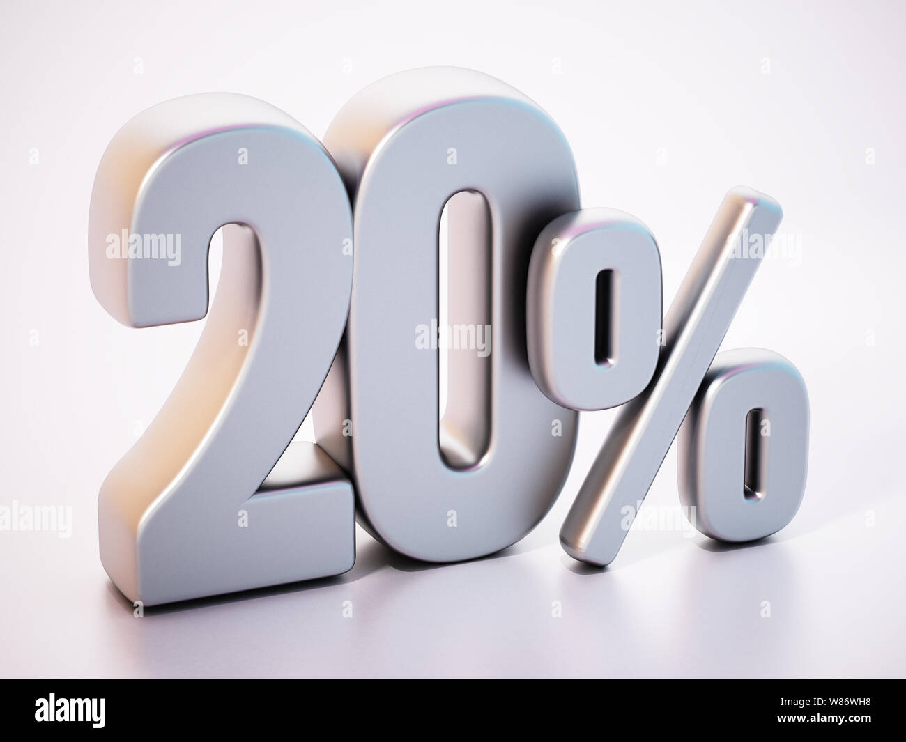 20 pour cent mot debout sur la surface blanche avec la réflexion. 3D illustration. Banque D'Images