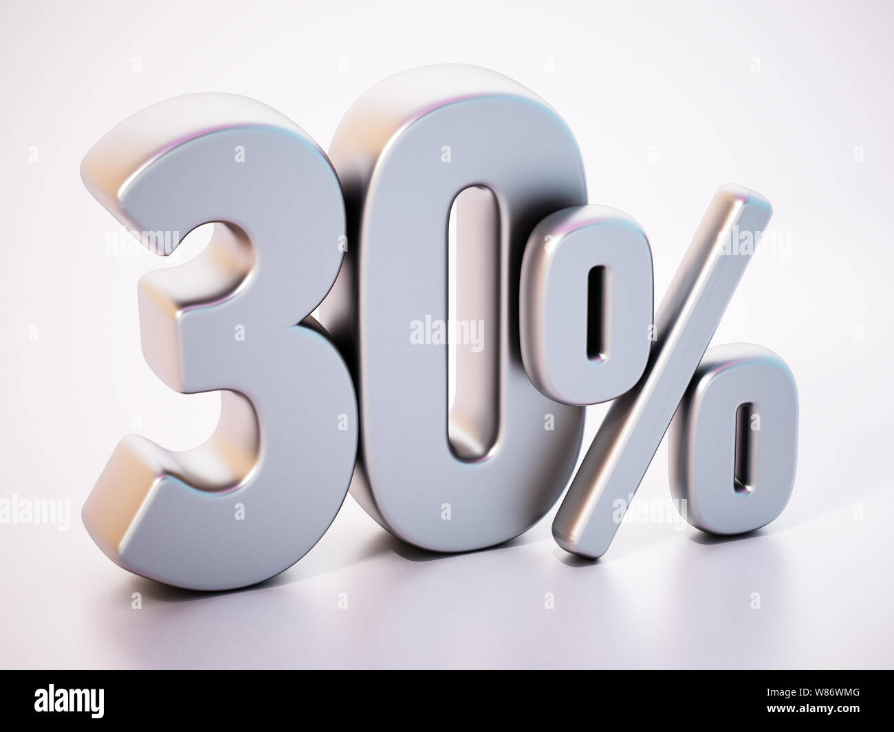 30 pour cent mot debout sur la surface blanche avec la réflexion. 3D illustration. Banque D'Images