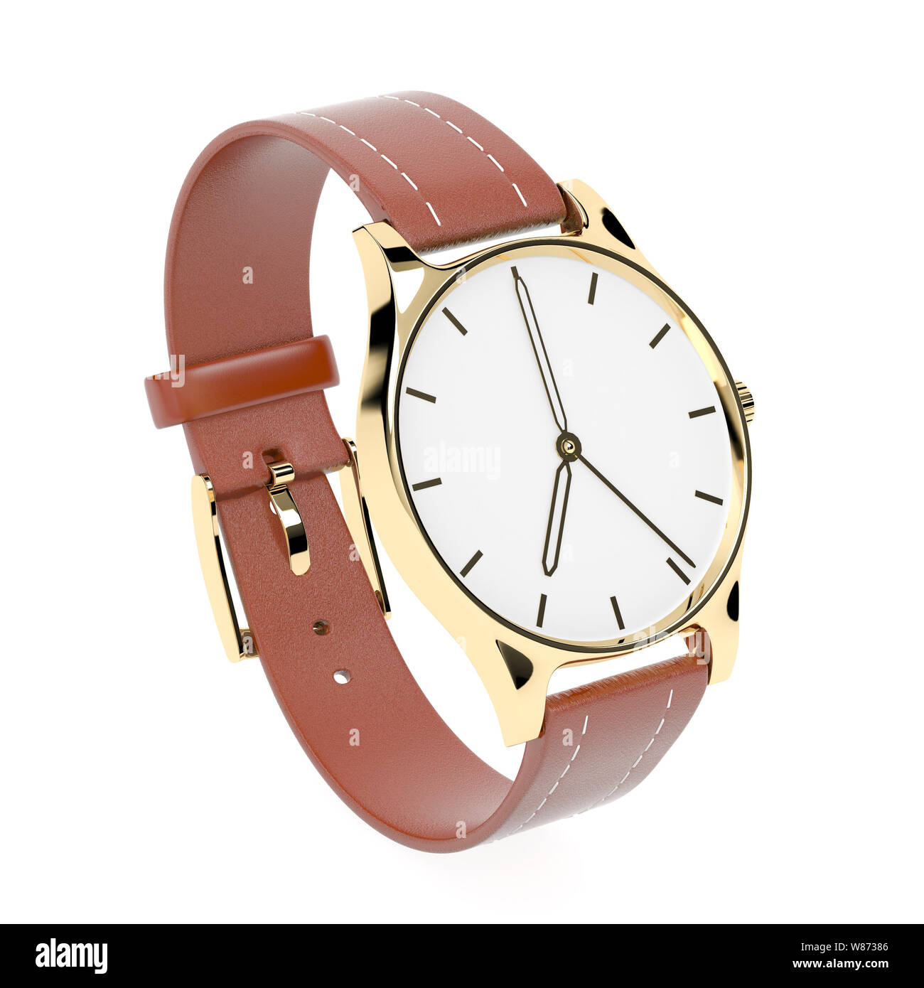 Montre-bracelet. Cadran blanc avec cas d'or et bracelet cuir marron Banque D'Images