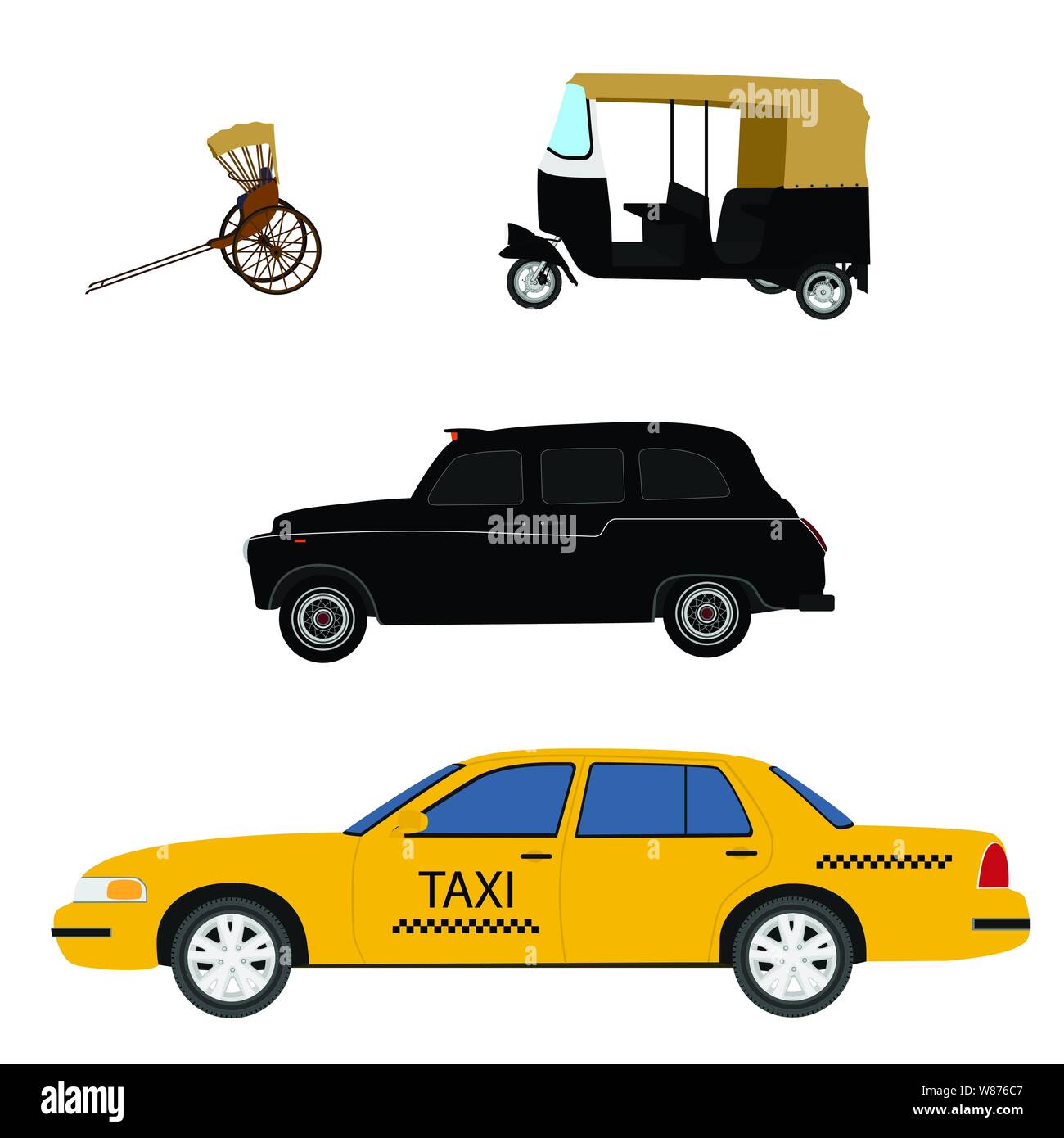 Taxi icon set : yellow taxi cab, Londres, part tiré rickshaw et tuk-tuk indiens. Vector illustration Illustration de Vecteur