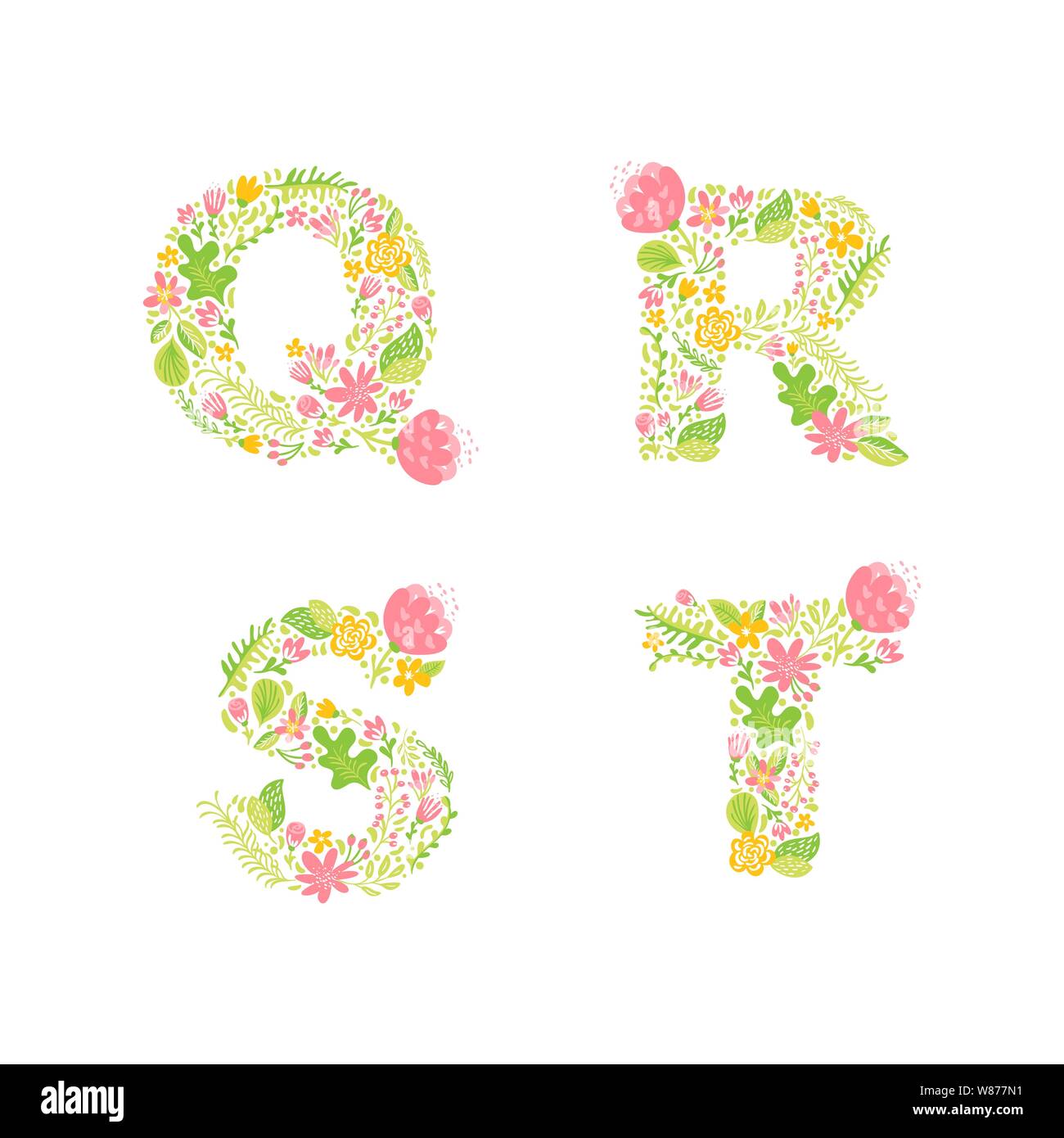 Monogrammes ou logo représentant une majuscule à motif floral dessiné à la main. Lettres majuscules Q, R, S, T avec fleurs et branches Blossom. Motif fleuri Illustration de Vecteur