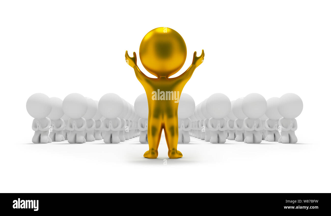 Les petites personnes 3d'adorer d'une idole d'or. Image 3d. Isolé sur fond blanc. Banque D'Images