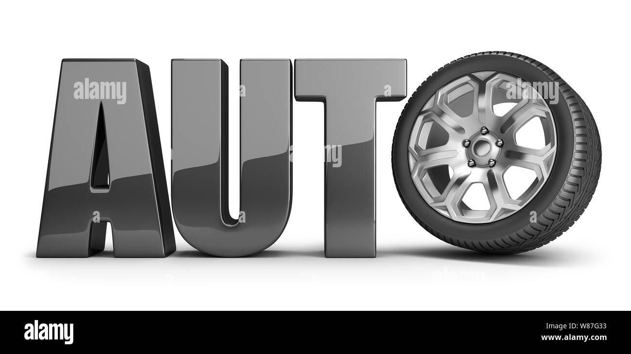 Auto Inscription roue. Image 3d. Arrière-plan blanc. Banque D'Images