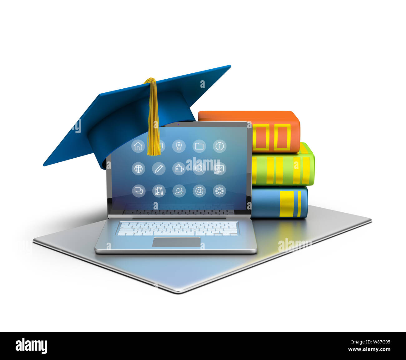 Image 3d. Ordinateur portable, un chapeau et des livres. Le concept de l'enseignement de l'informatique. Isolé sur fond blanc. Banque D'Images