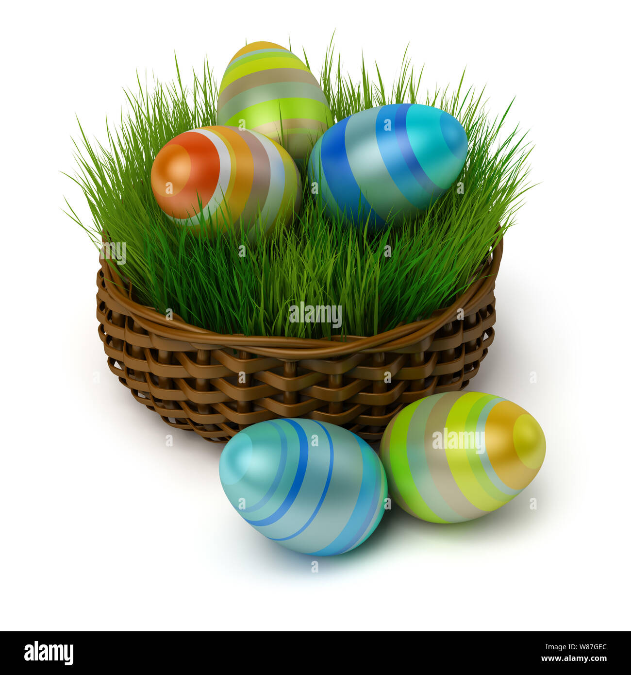 Œufs de Pâques colorés dans un panier avec un brun d'herbe. Image 3d. Isolé sur fond blanc. Banque D'Images